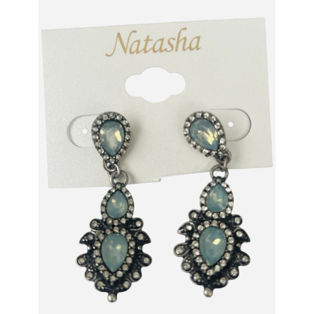 Natasha Drop Earrings Dangle Rhinestones Chandlier Silver Tone Teardrop NEW